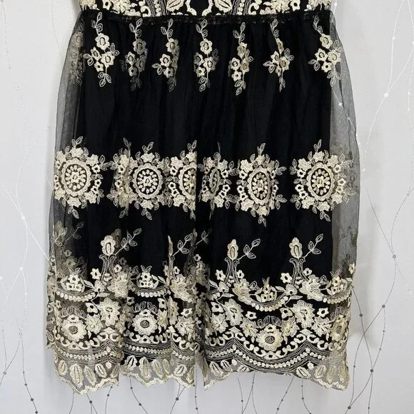 Immaculate BHLDN Black Gold Lace Flourish A-Line Dress $380 - Picture 9 of 11